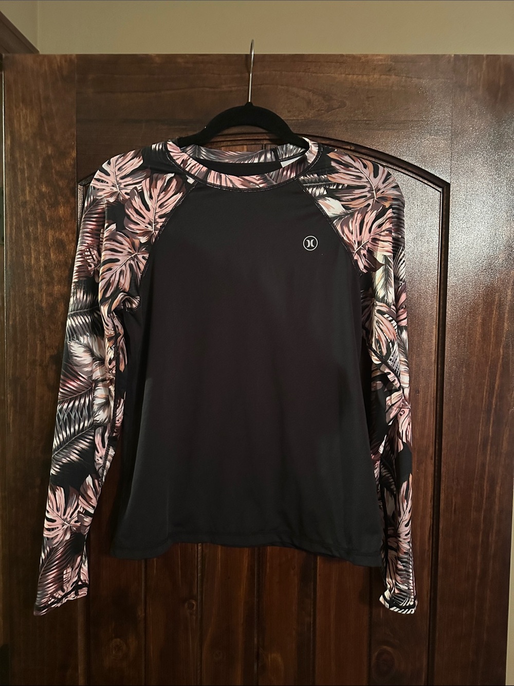 Hurley Black Long-Sleeve Rash Guard with Pink Tropical Print